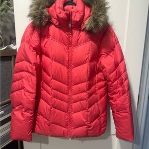 Lands' End Vibrant Pink Puffer Jacket with Faux Fur Hood
